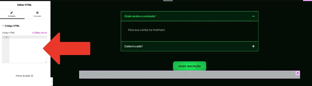 Colar código no bloco HTML